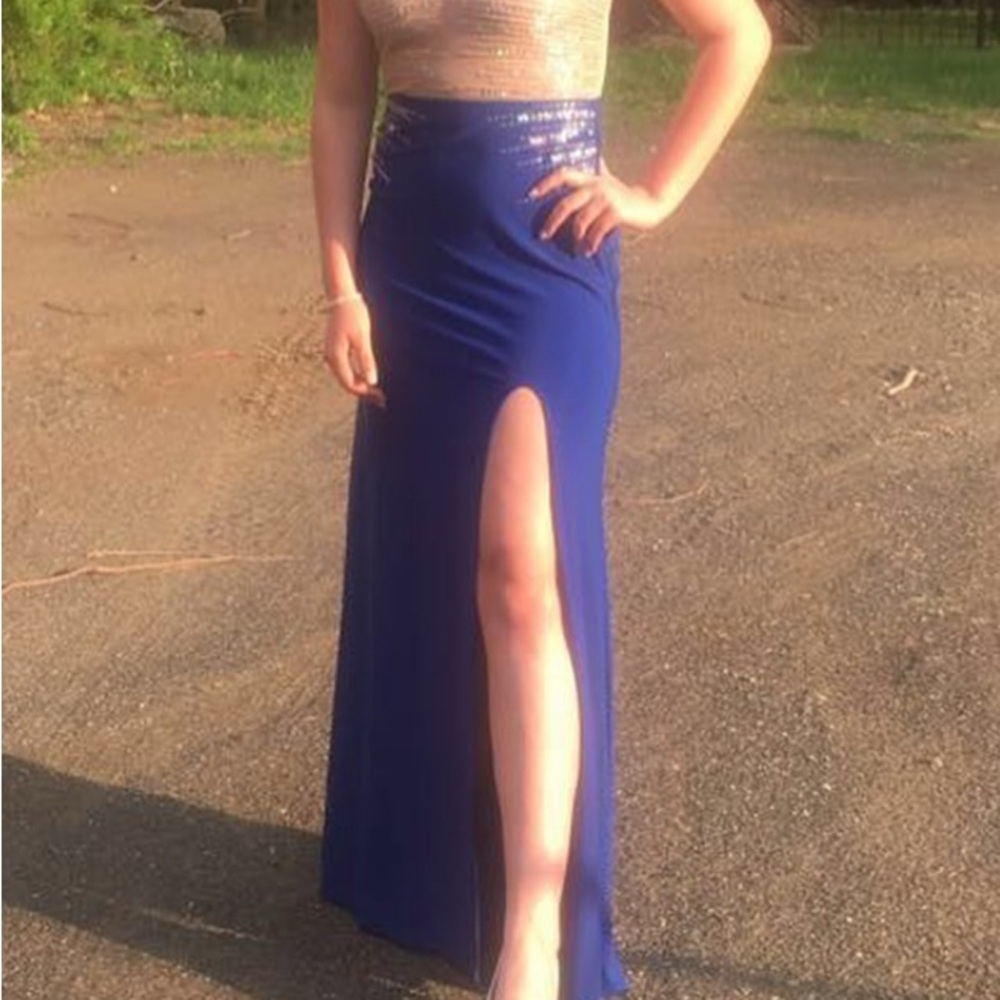 Elegant Blue and Gold Evening Gown